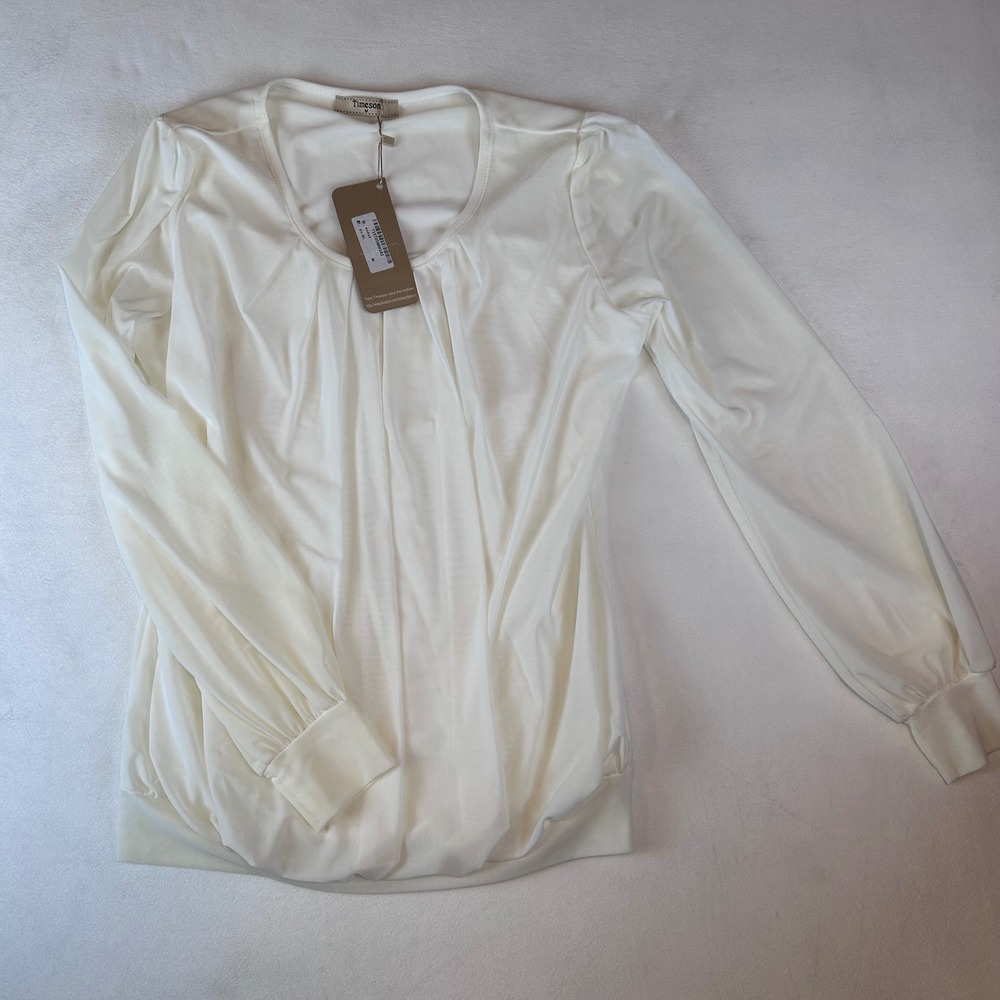 Timeson Blouse Long Sleeve Pleated Front Top Elegant Casual‎ White M New